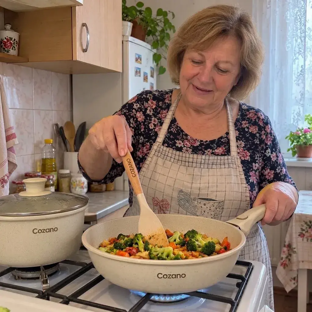 Kundin kocht mit Cozano™-Pfanne auf Gasherd